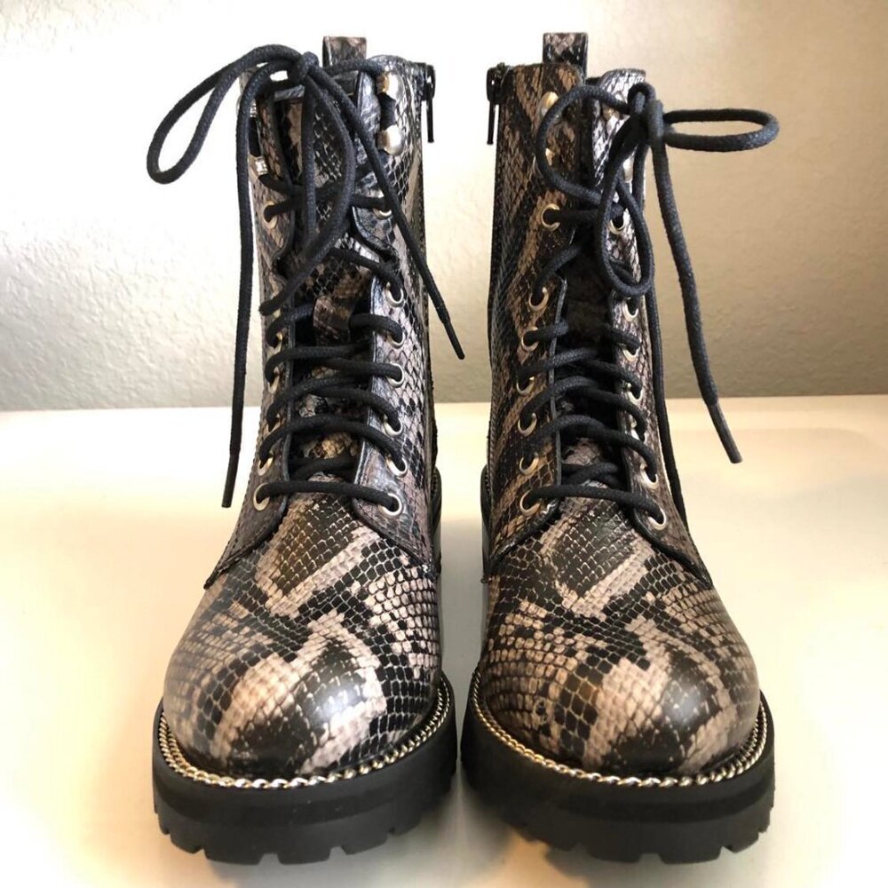 AQUA Jax Chain Accent Snake Emb Leather Combat Boots 5.5, 7 NWT